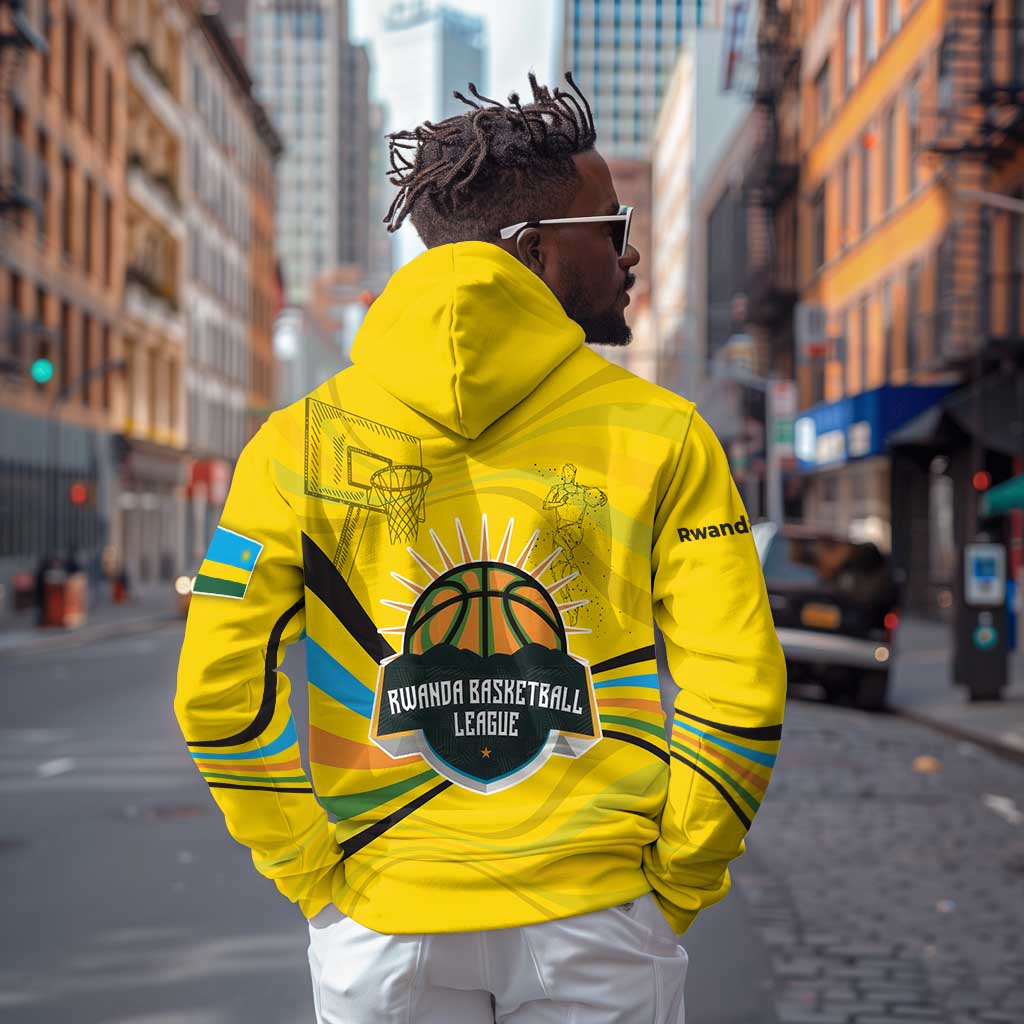 Rwanda Hoodie with Basketball League Court Hoop Yellow Wave Spirit