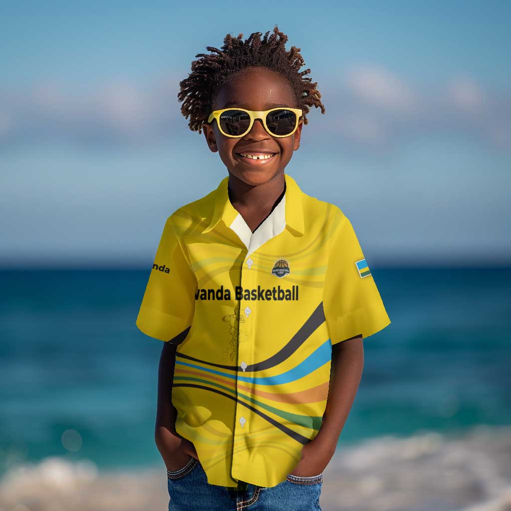 Rwanda Kid Hawaiian Shirt with Basketball League Court Hoop Yellow Wave Spirit