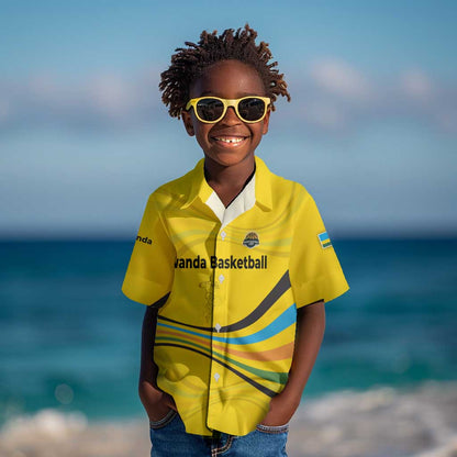 Rwanda Kid Hawaiian Shirt with Basketball League Court Hoop Yellow Wave Spirit