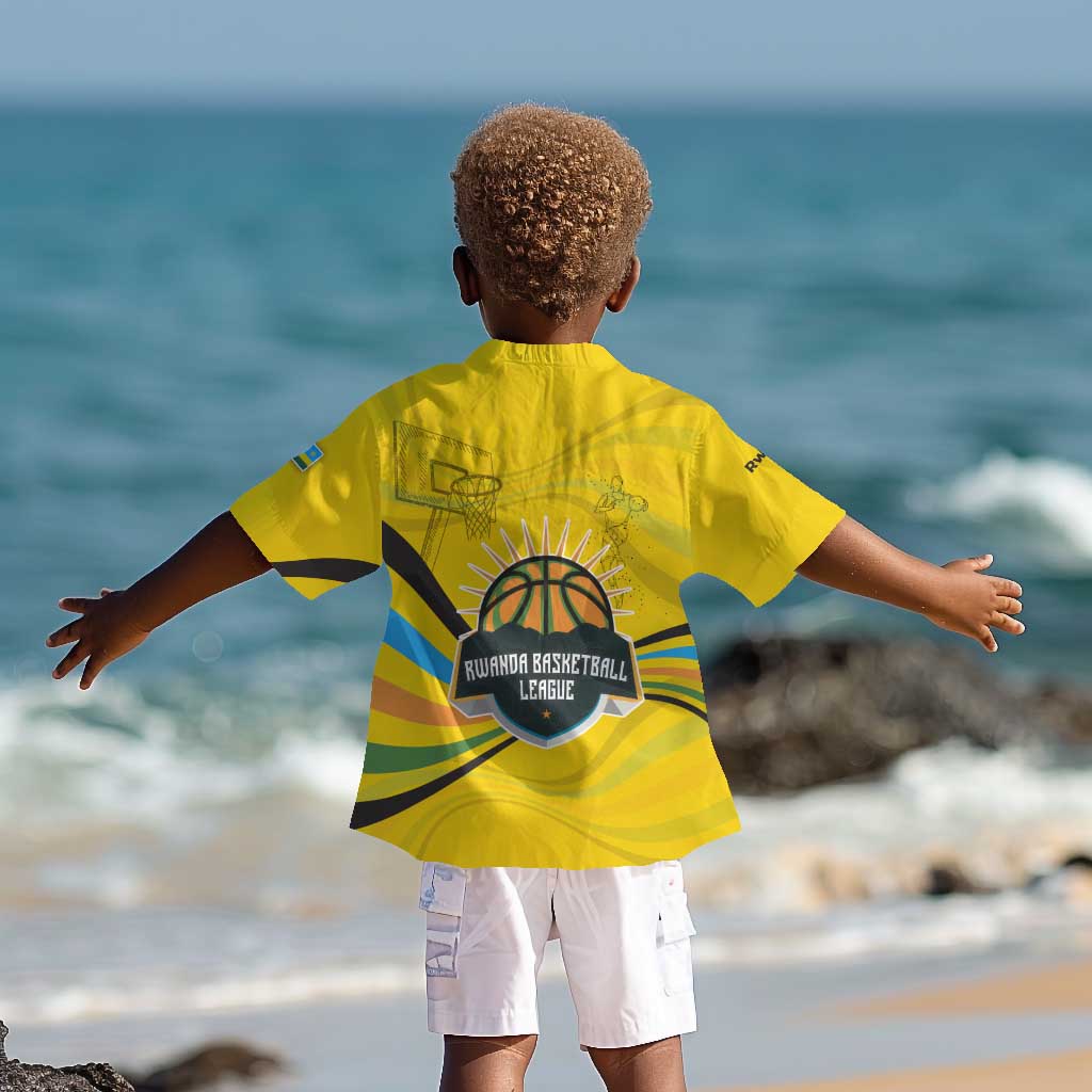 Rwanda Kid Hawaiian Shirt with Basketball League Court Hoop Yellow Wave Spirit