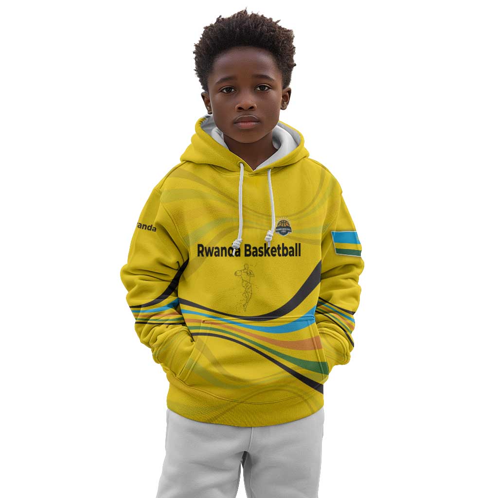 Rwanda Kid Hoodie with Basketball League Court Hoop Yellow Wave Spirit