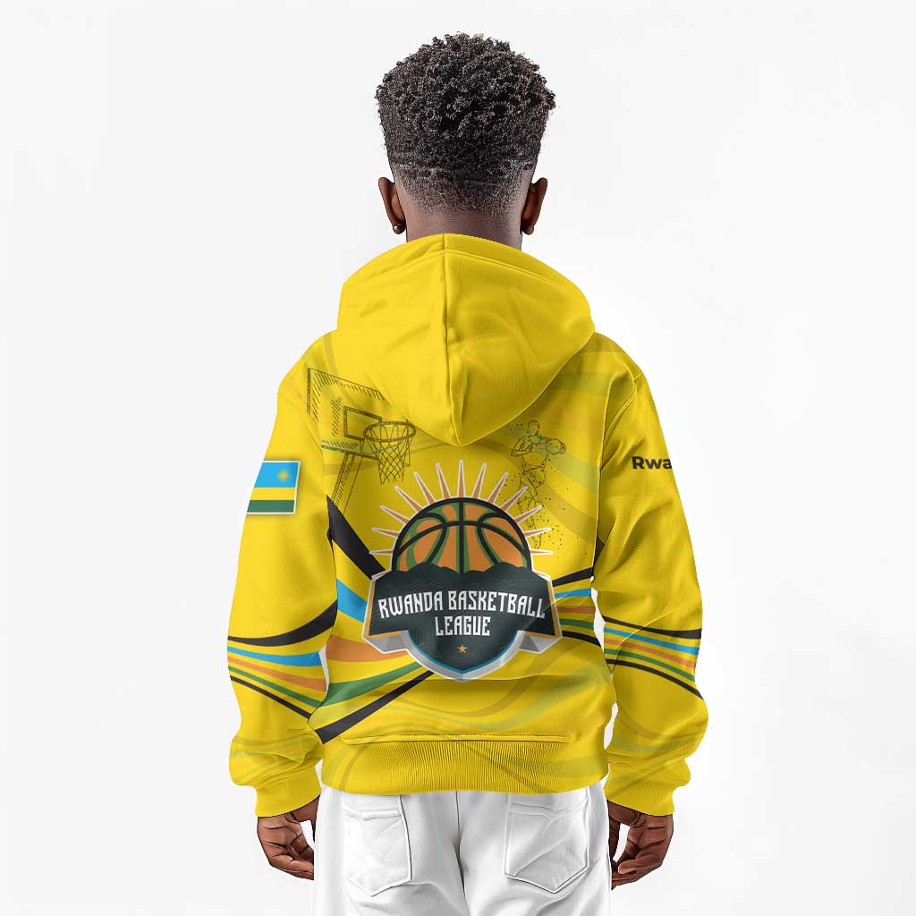 Rwanda Kid Hoodie with Basketball League Court Hoop Yellow Wave Spirit