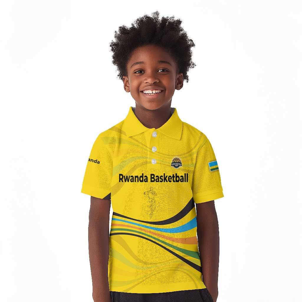 Rwanda Kid Polo Shirt with Basketball League Court Hoop Yellow Wave Spirit