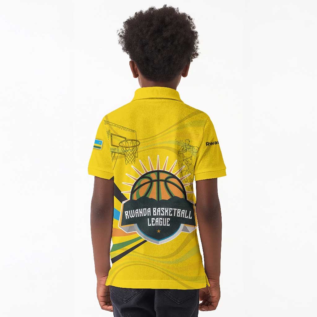 Rwanda Kid Polo Shirt with Basketball League Court Hoop Yellow Wave Spirit