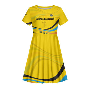 Rwanda Kid Short Sleeve Dress with Basketball League Court Hoop Yellow Wave Spirit