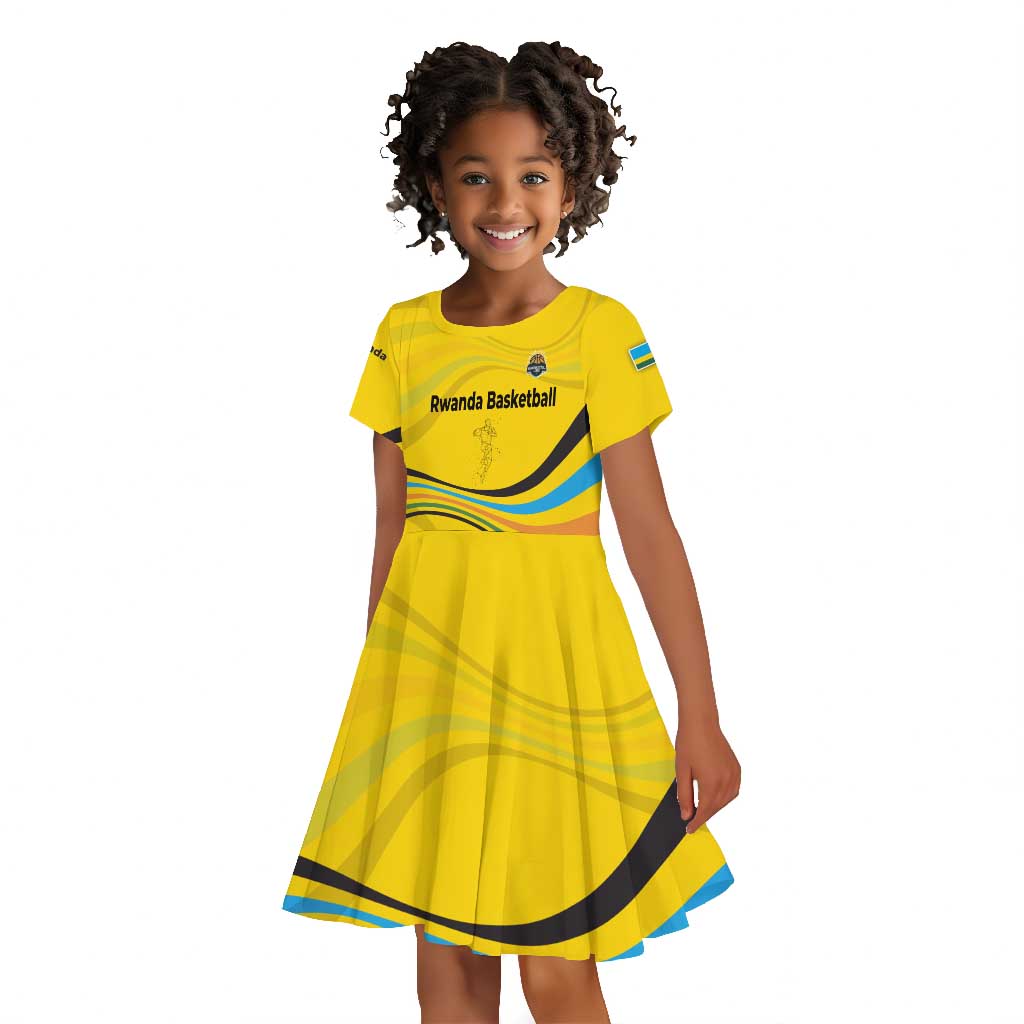Rwanda Kid Short Sleeve Dress with Basketball League Court Hoop Yellow Wave Spirit