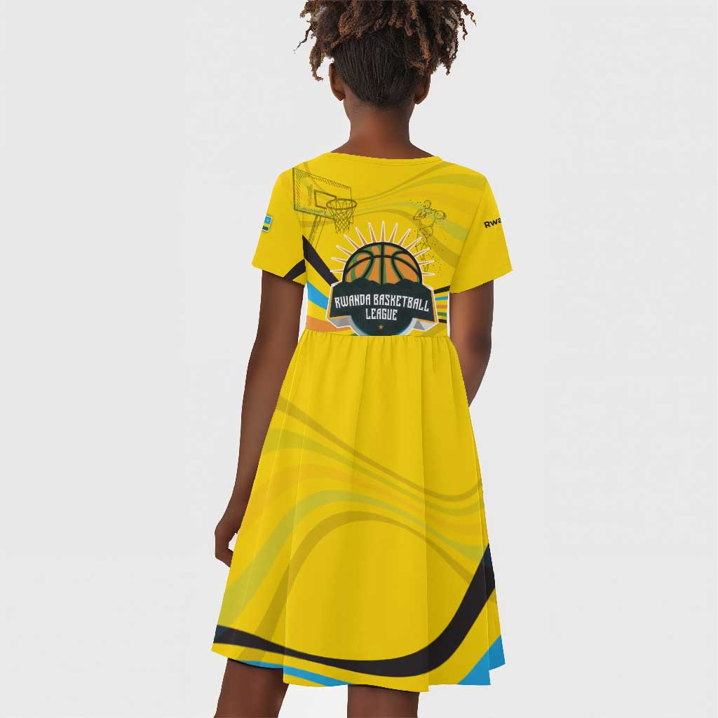 Rwanda Kid Short Sleeve Dress with Basketball League Court Hoop Yellow Wave Spirit