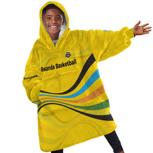 Rwanda Kid Wearable Blanket Hoodie with Basketball League Court Hoop Yellow Wave Spirit