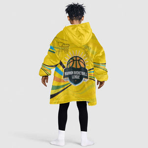 Rwanda Kid Wearable Blanket Hoodie with Basketball League Court Hoop Yellow Wave Spirit