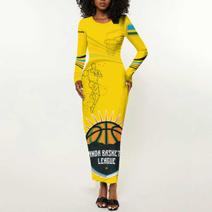 Rwanda Long Sleeve Bodycon Dress with Basketball League Court Hoop Yellow Wave Spirit