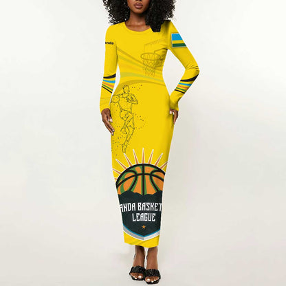 Rwanda Long Sleeve Bodycon Dress with Basketball League Court Hoop Yellow Wave Spirit