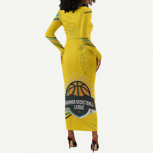 Rwanda Long Sleeve Bodycon Dress with Basketball League Court Hoop Yellow Wave Spirit