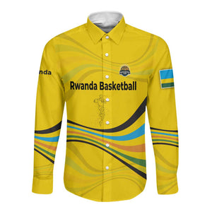Rwanda Long Sleeve Button Shirt with Basketball League Court Hoop Yellow Wave Spirit
