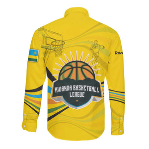 Rwanda Long Sleeve Button Shirt with Basketball League Court Hoop Yellow Wave Spirit
