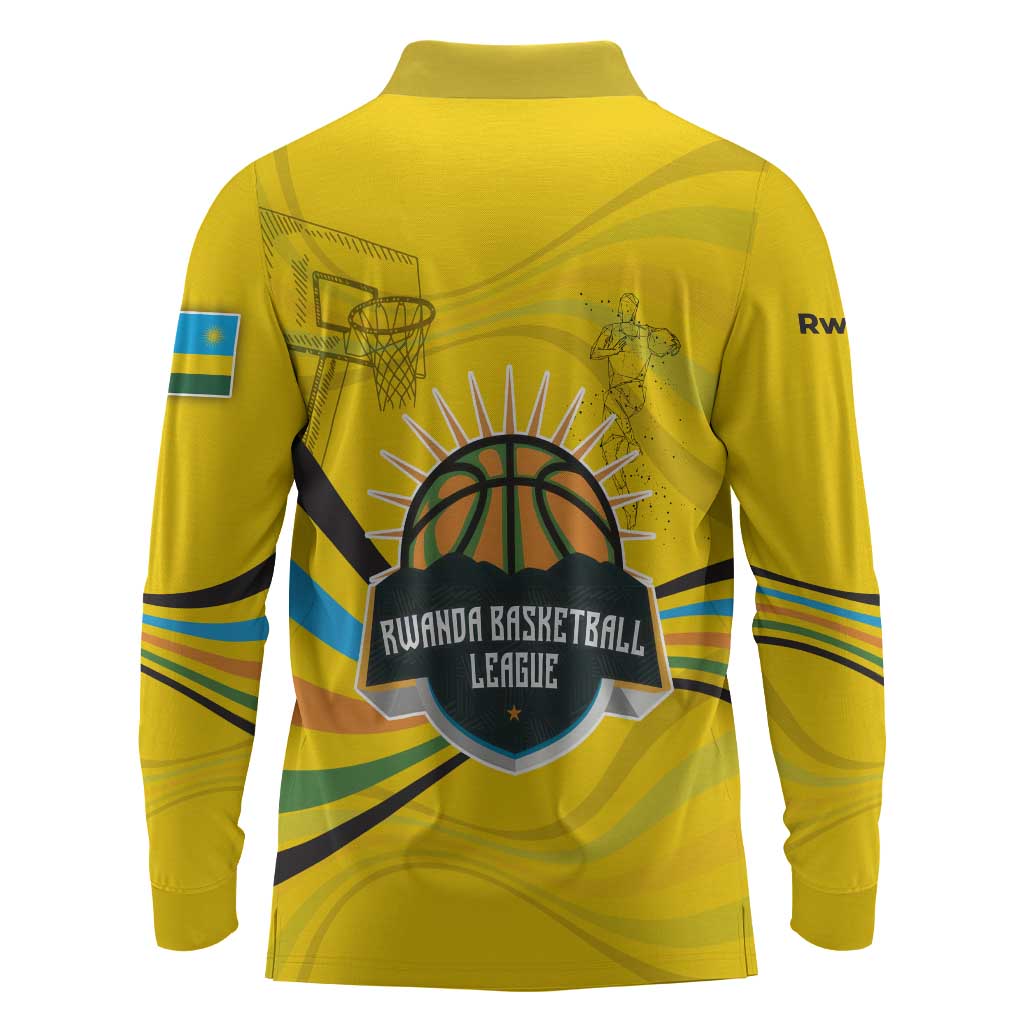 Rwanda Long Sleeve Polo Shirt with Basketball League Court Hoop Yellow Wave Spirit
