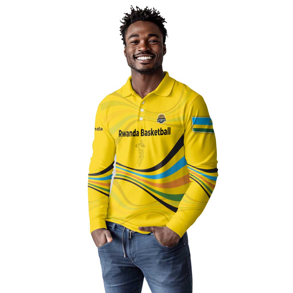 Rwanda Long Sleeve Polo Shirt with Basketball League Court Hoop Yellow Wave Spirit