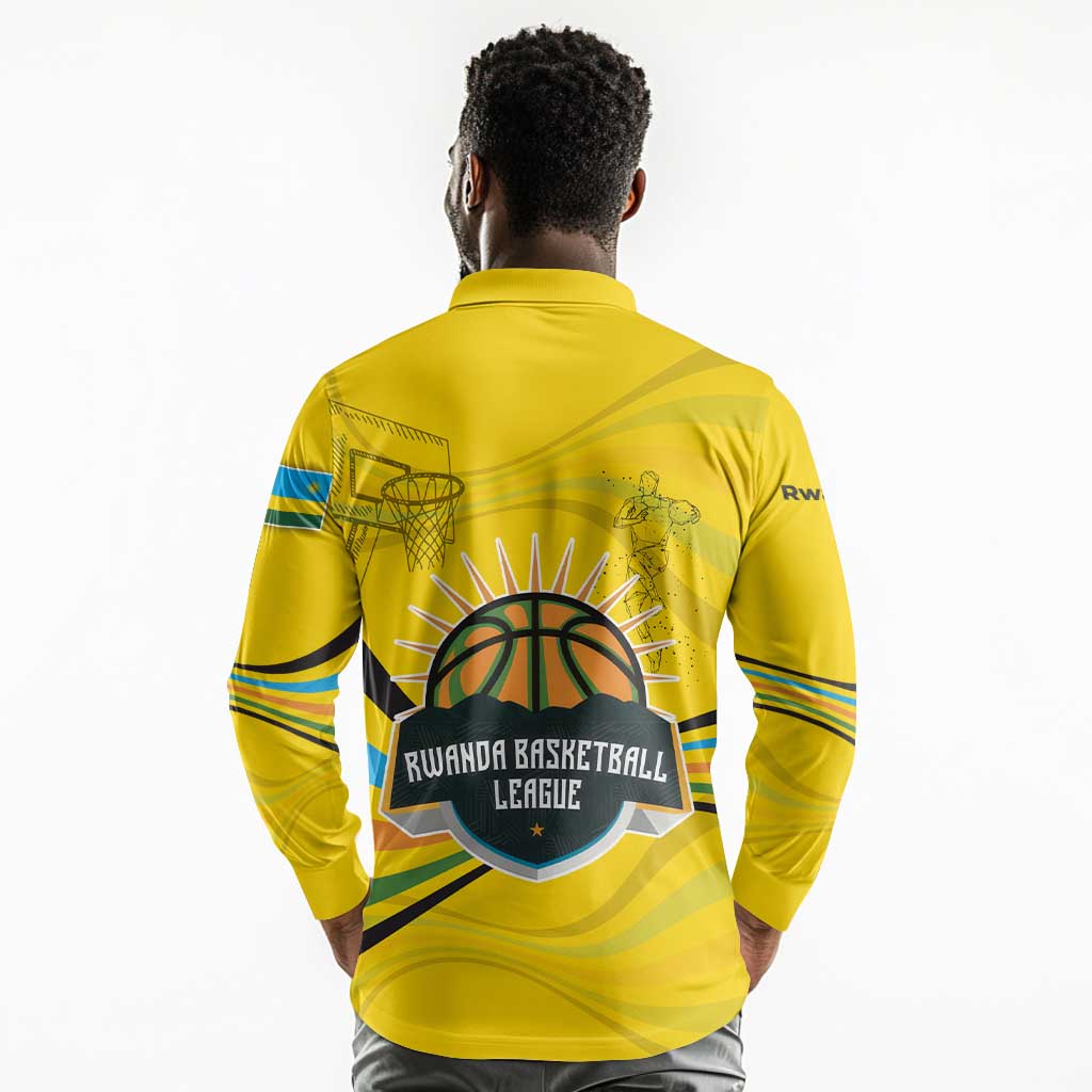 Rwanda Long Sleeve Polo Shirt with Basketball League Court Hoop Yellow Wave Spirit