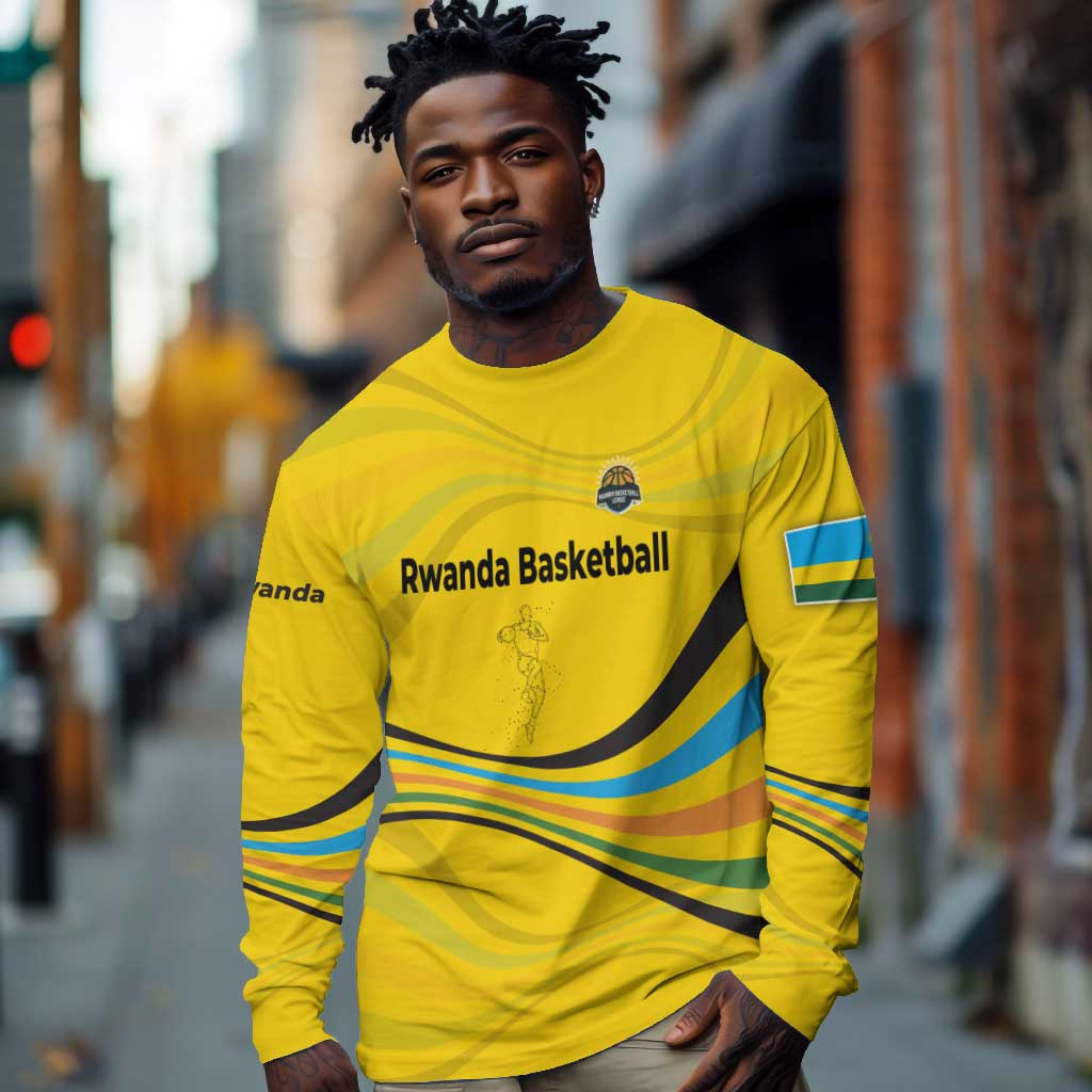 Rwanda Long Sleeve Shirt with Basketball League Court Hoop Yellow Wave Spirit