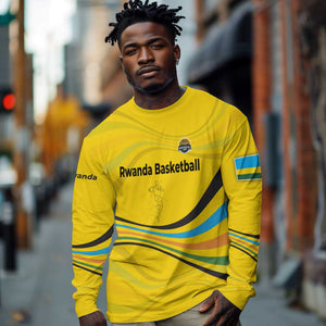 Rwanda Long Sleeve Shirt with Basketball League Court Hoop Yellow Wave Spirit