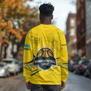 Rwanda Long Sleeve Shirt with Basketball League Court Hoop Yellow Wave Spirit