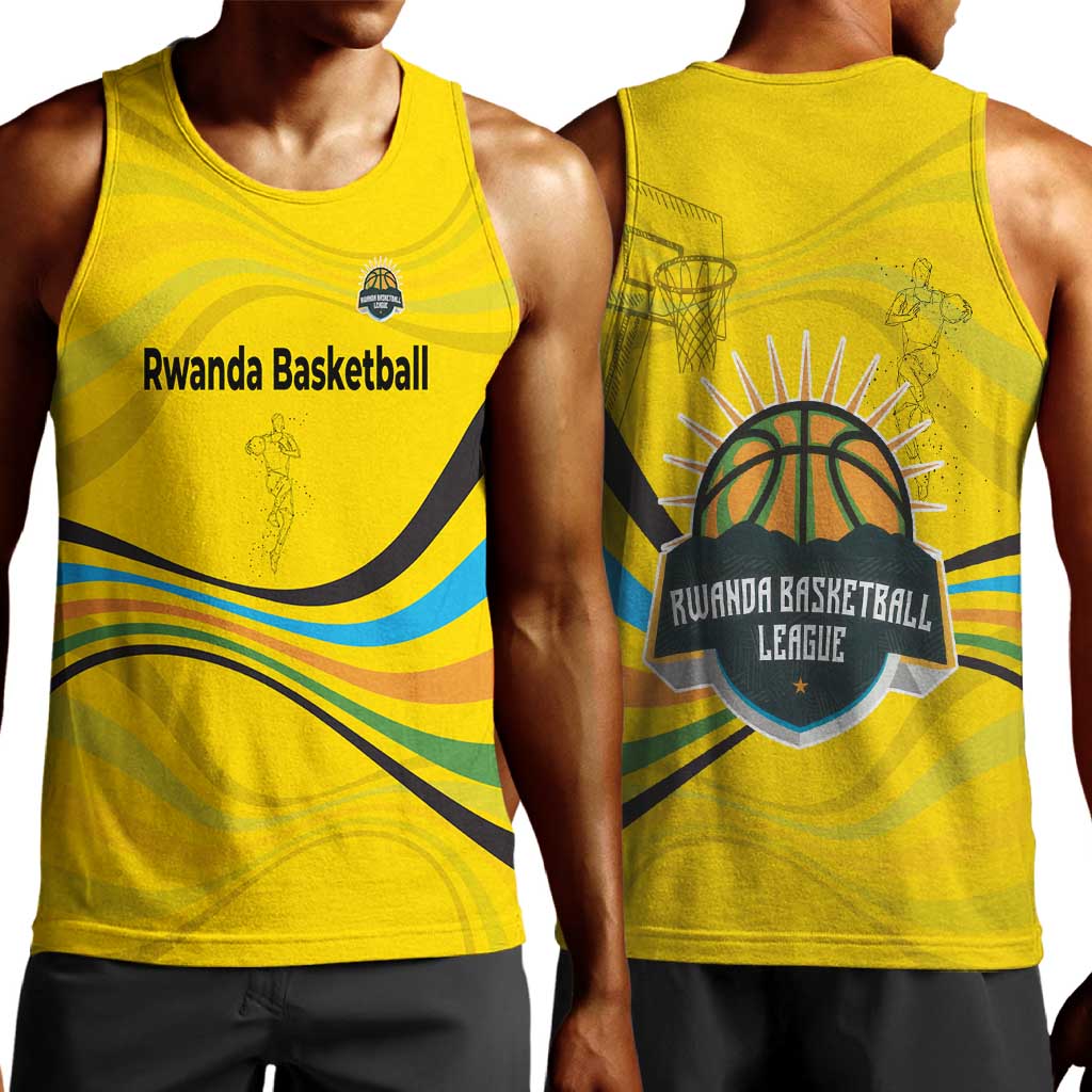 Rwanda Men Tank Top with Basketball League Court Hoop Yellow Wave Spirit