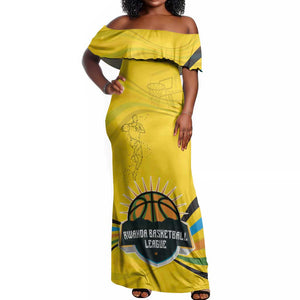 Rwanda Off Shoulder Maxi Dress with Basketball League Court Hoop Yellow Wave Spirit