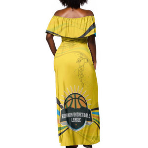 Rwanda Off Shoulder Maxi Dress with Basketball League Court Hoop Yellow Wave Spirit