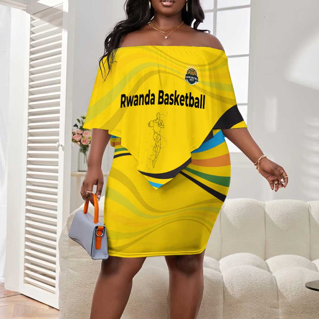 Rwanda Off Shoulder Short Dress with Basketball League Court Hoop Yellow Wave Spirit