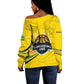 Rwanda Off Shoulder Sweater with Basketball League Court Hoop Yellow Wave Spirit