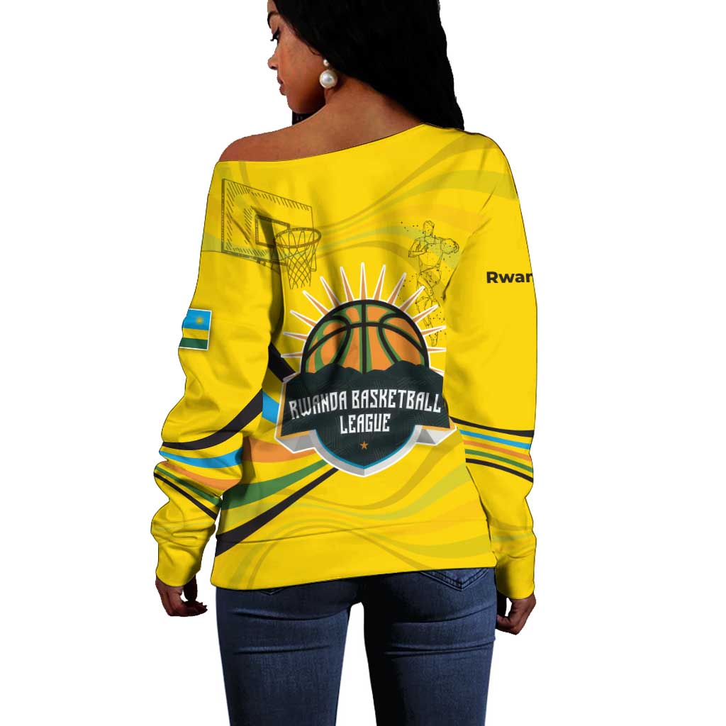 Rwanda Off Shoulder Sweater with Basketball League Court Hoop Yellow Wave Spirit