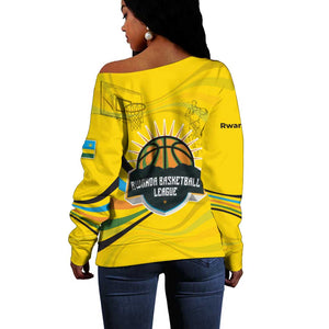 Rwanda Off Shoulder Sweater with Basketball League Court Hoop Yellow Wave Spirit