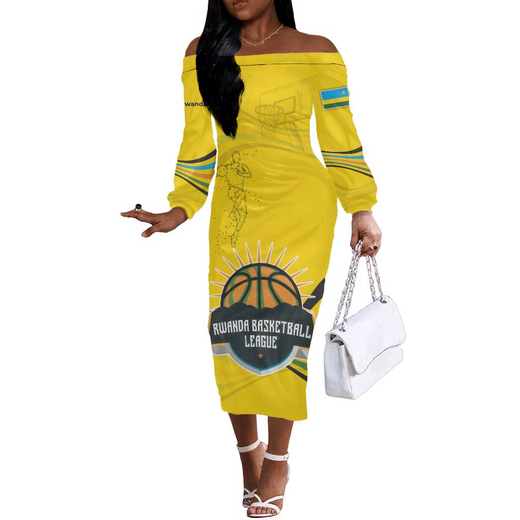 Rwanda Off The Shoulder Long Sleeve Dress with Basketball League Court Hoop Yellow Wave Spirit