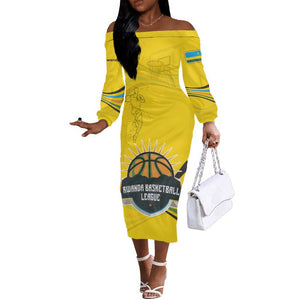 Rwanda Off The Shoulder Long Sleeve Dress with Basketball League Court Hoop Yellow Wave Spirit