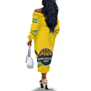 Rwanda Off The Shoulder Long Sleeve Dress with Basketball League Court Hoop Yellow Wave Spirit