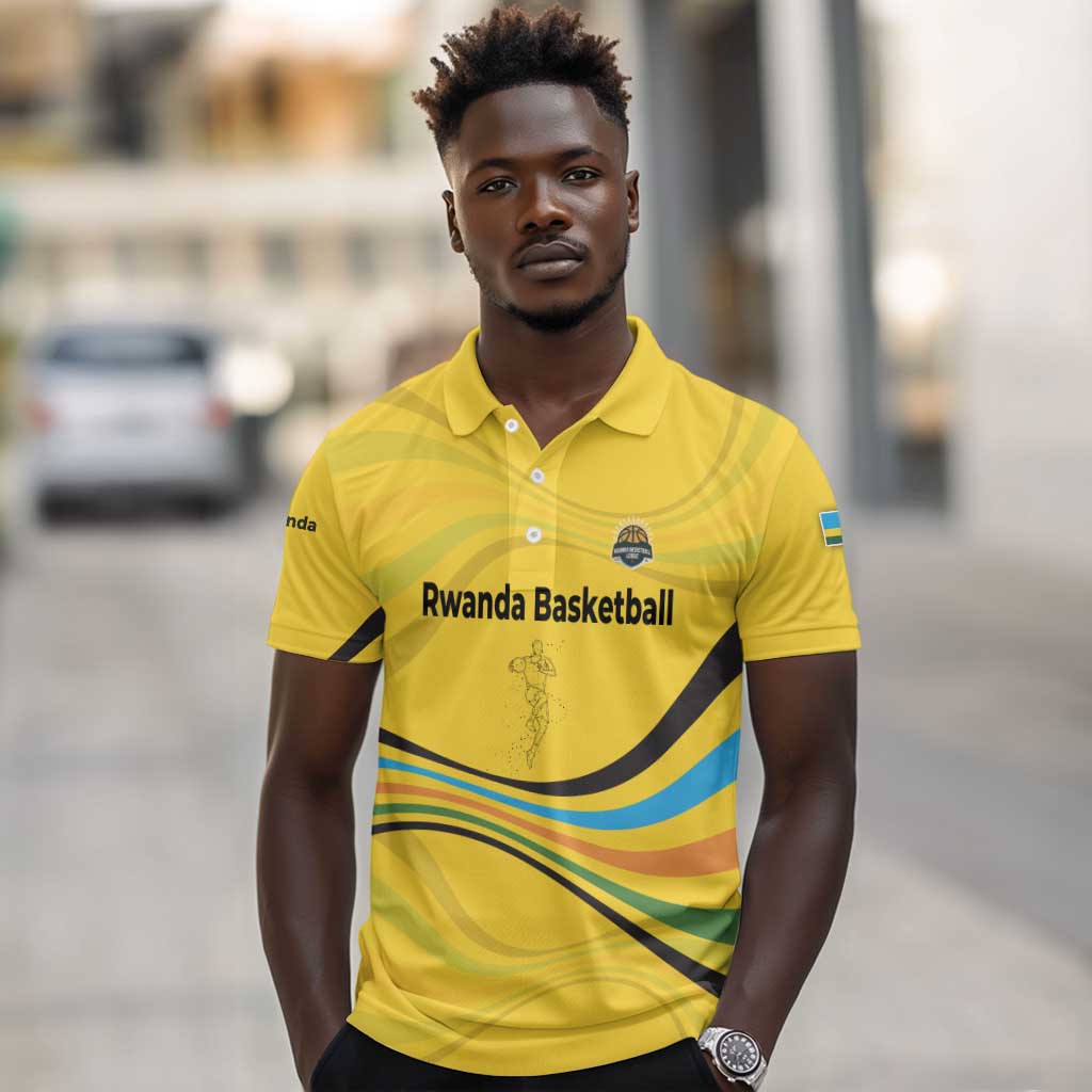 Rwanda Polo Shirt with Basketball League Court Hoop Yellow Wave Spirit