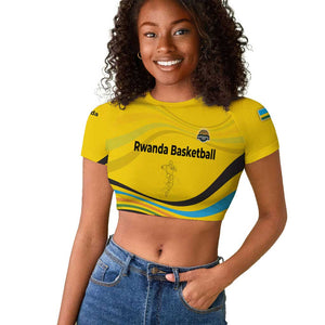 Rwanda Raglan Cropped T shirt with Basketball League Court Hoop Yellow Wave Spirit