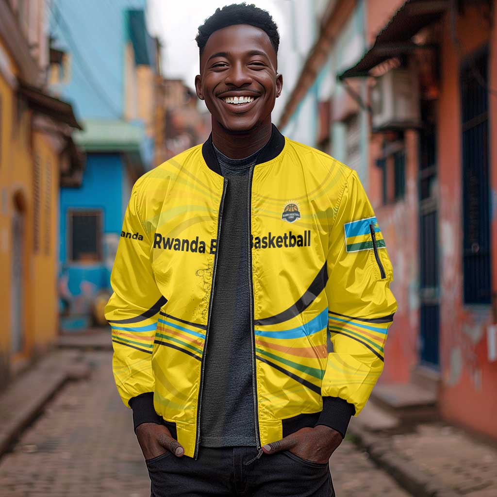 Rwanda Sleeve Zip Bomber Jacket with Basketball League Court Hoop Yellow Wave Spirit