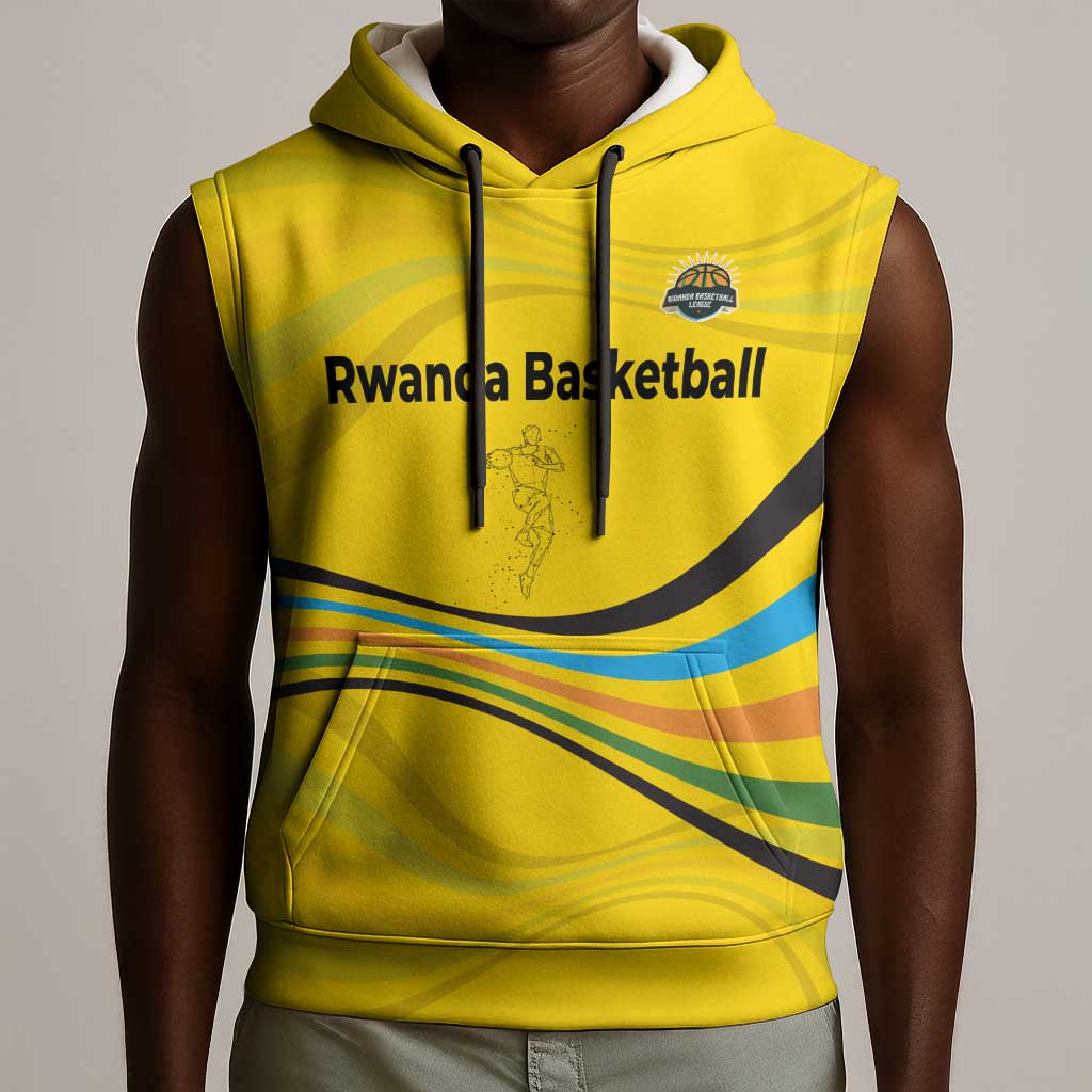 Rwanda Sleeveless Hoodie with Basketball League Court Hoop Yellow Wave Spirit - African Pride