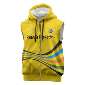 Rwanda Sleeveless Zip Hoodie with Basketball League Court Hoop Yellow Wave Spirit - African Pride