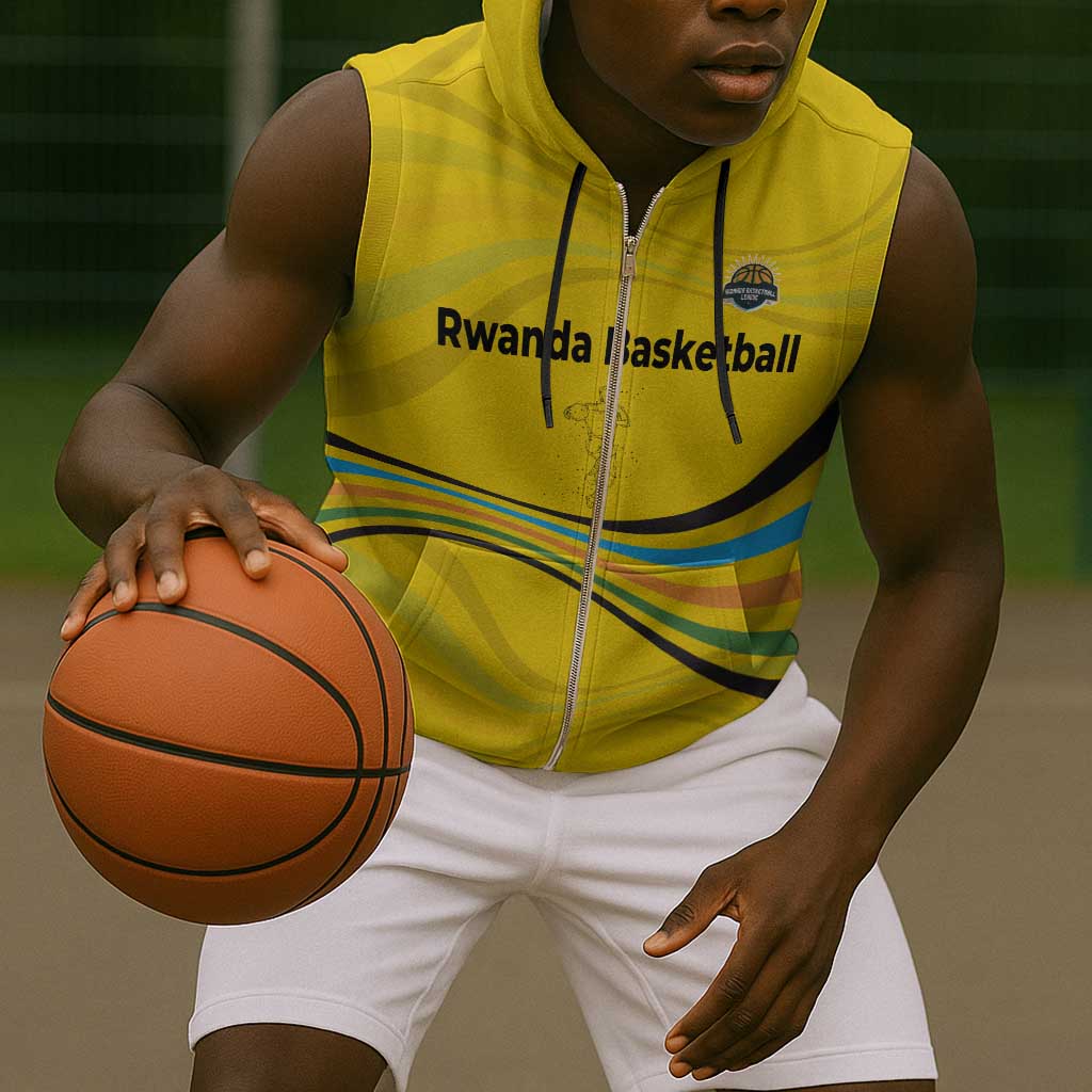 Rwanda Sleeveless Zip Hoodie with Basketball League Court Hoop Yellow Wave Spirit - African Pride