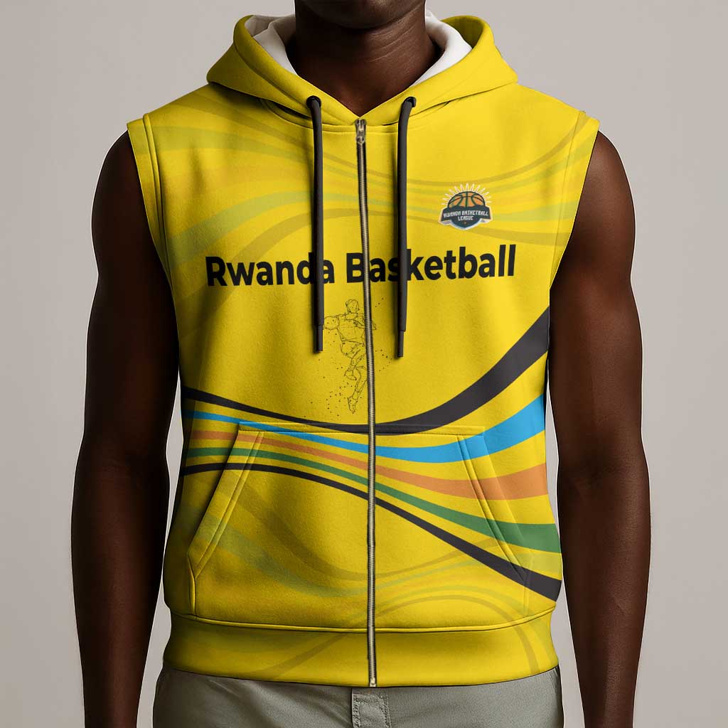 Rwanda Sleeveless Zip Hoodie with Basketball League Court Hoop Yellow Wave Spirit - African Pride