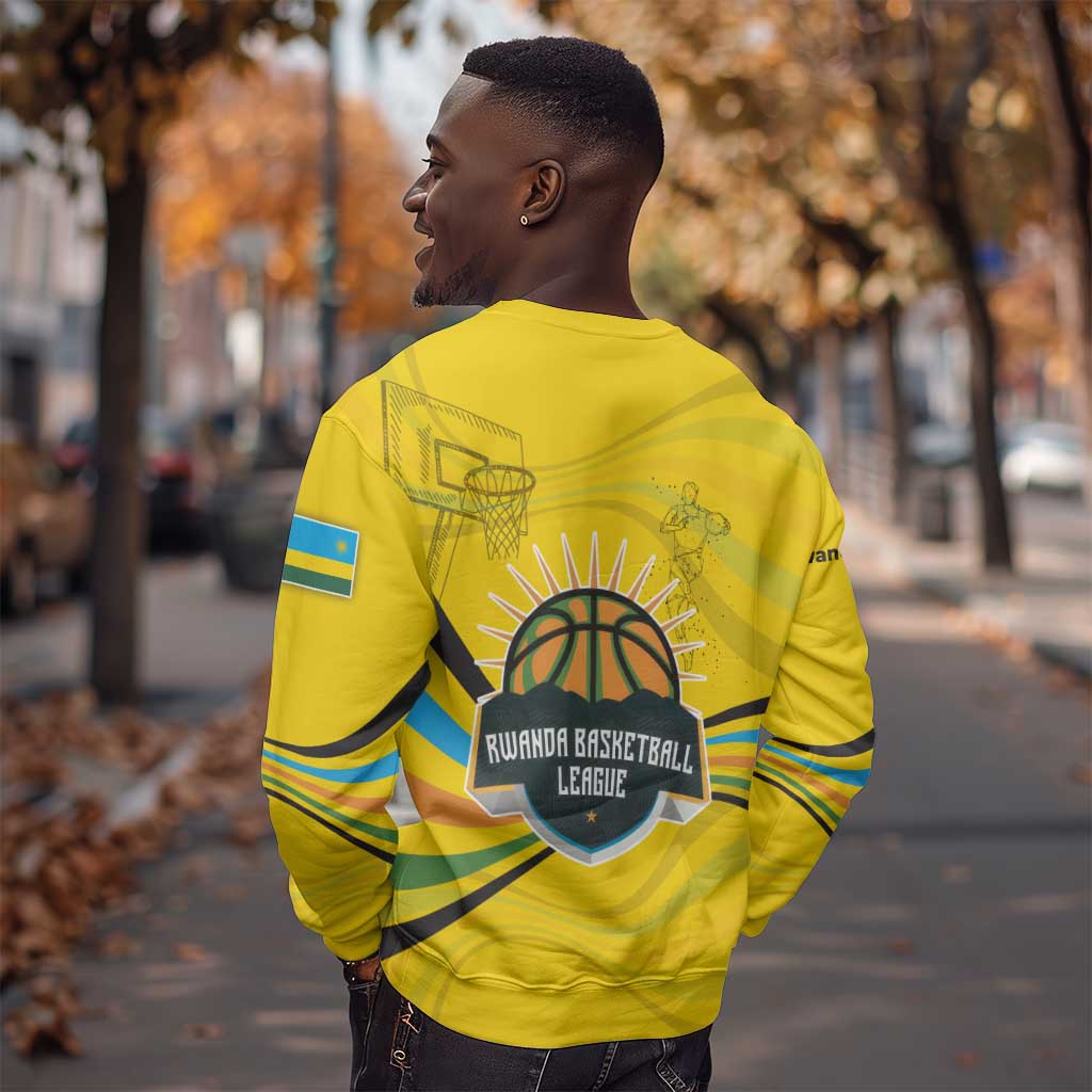 Rwanda Sweatshirt with Basketball League Court Hoop Yellow Wave Spirit