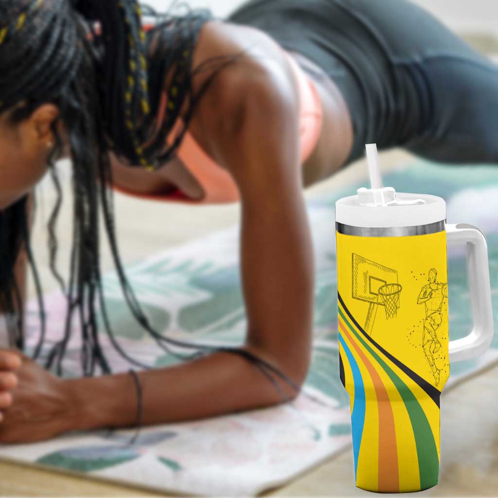 Rwanda Tumbler With Handle with Basketball League Court Hoop Yellow Wave Spirit