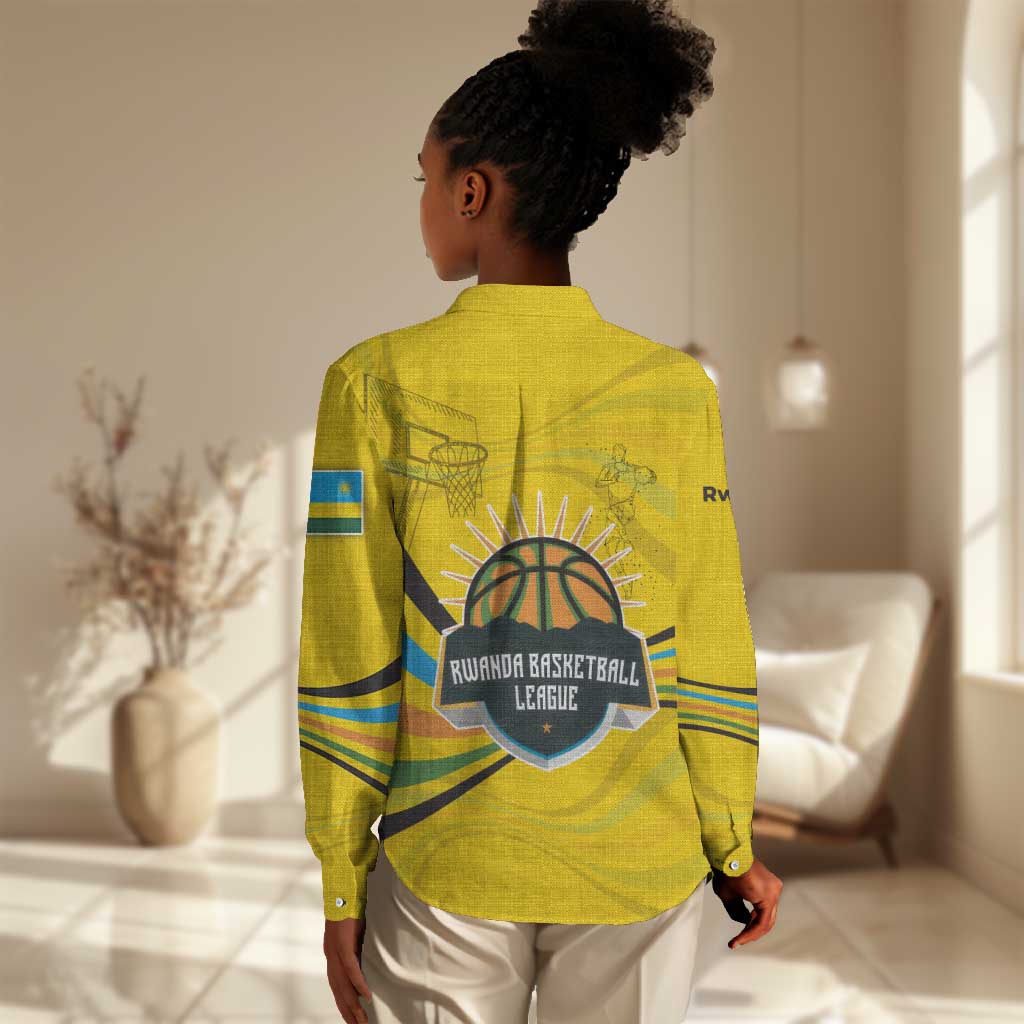 Rwanda Women Casual Shirt with Basketball League Court Hoop Yellow Wave Spirit