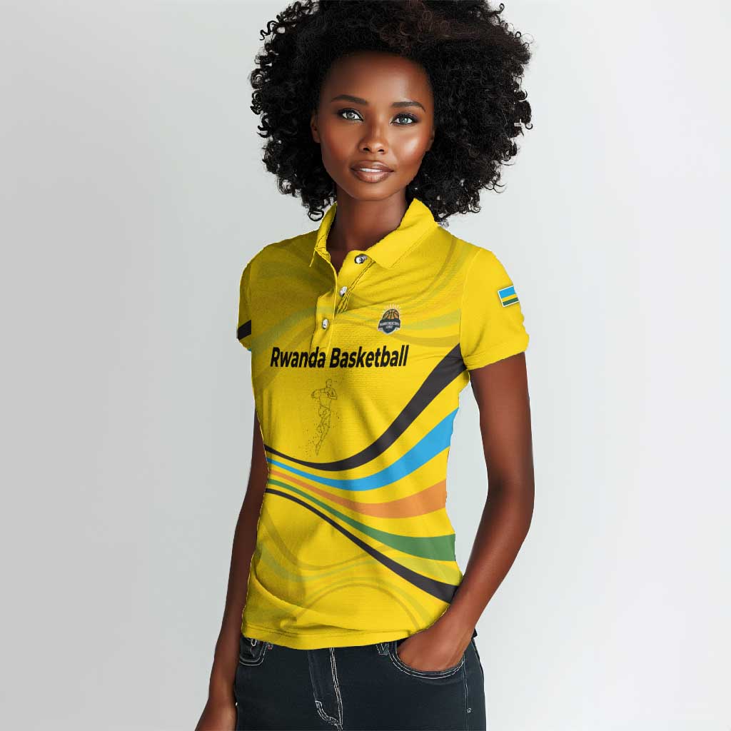 Rwanda Women Polo Shirt with Basketball League Court Hoop Yellow Wave Spirit