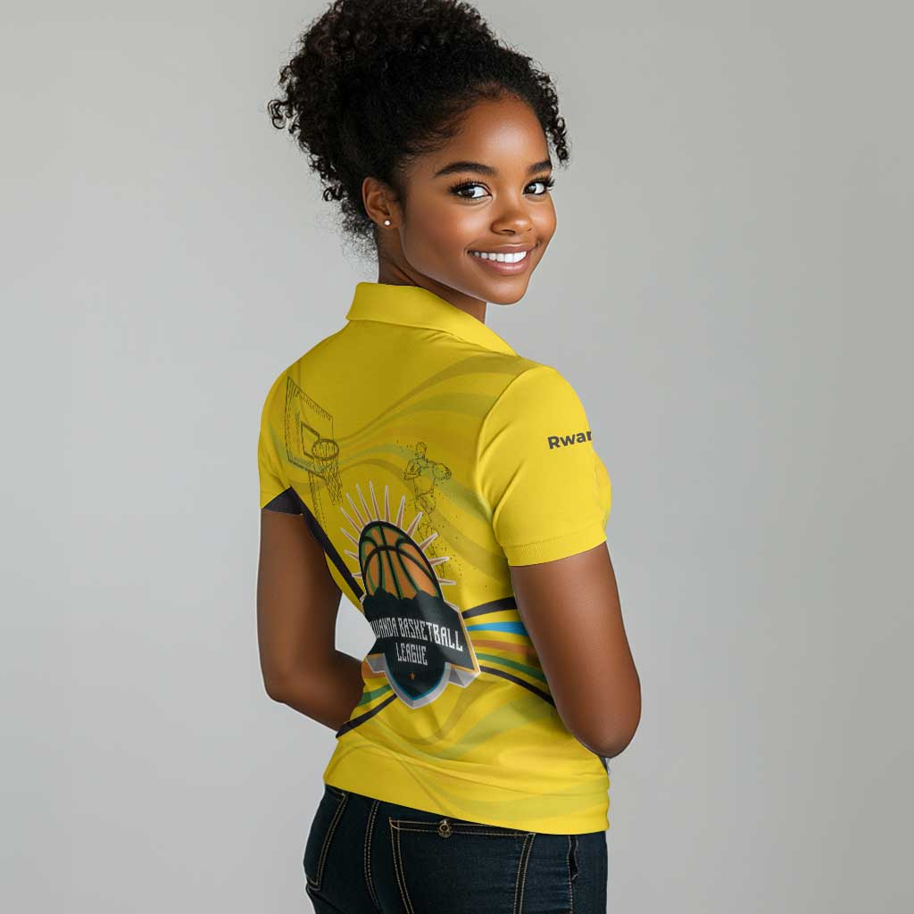 Rwanda Women Polo Shirt with Basketball League Court Hoop Yellow Wave Spirit