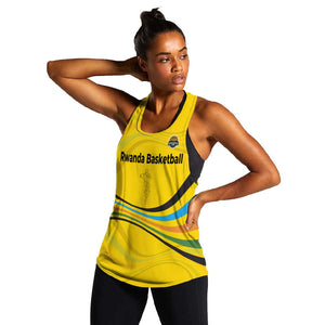 Rwanda Women Racerback Tank with Basketball League Court Hoop Yellow Wave Spirit