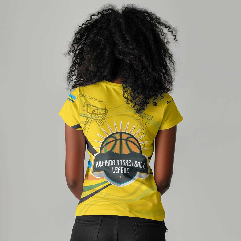 Rwanda Women V-Neck T-Shirt with Basketball League Court Hoop Yellow Wave Spirit
