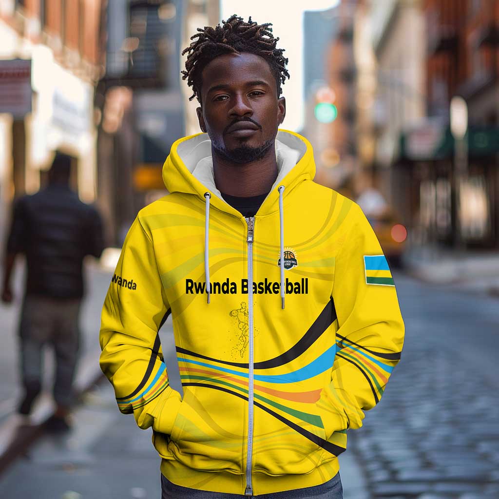 Rwanda Zip Hoodie with Basketball League Court Hoop Yellow Wave Spirit