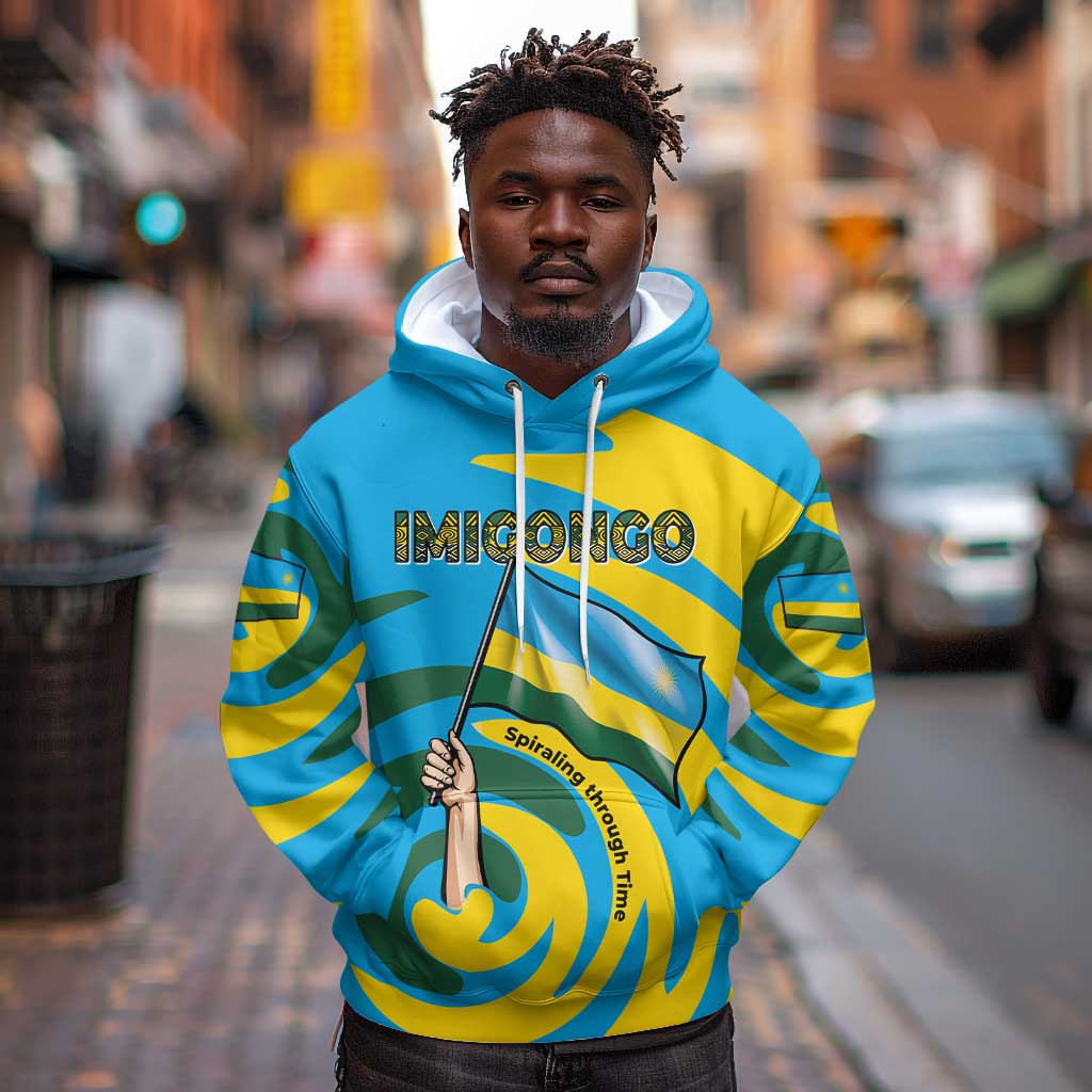 Rwanda Hoodie with Imigongo Spiraling Flag Hand Wave Time Spirit